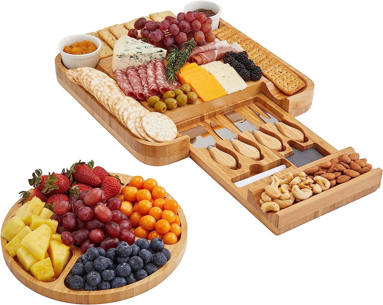 JumblWare Bamboo Cheese Board and Fruit Platter, 13x13" Wooden Meat and Cheese Tray Set